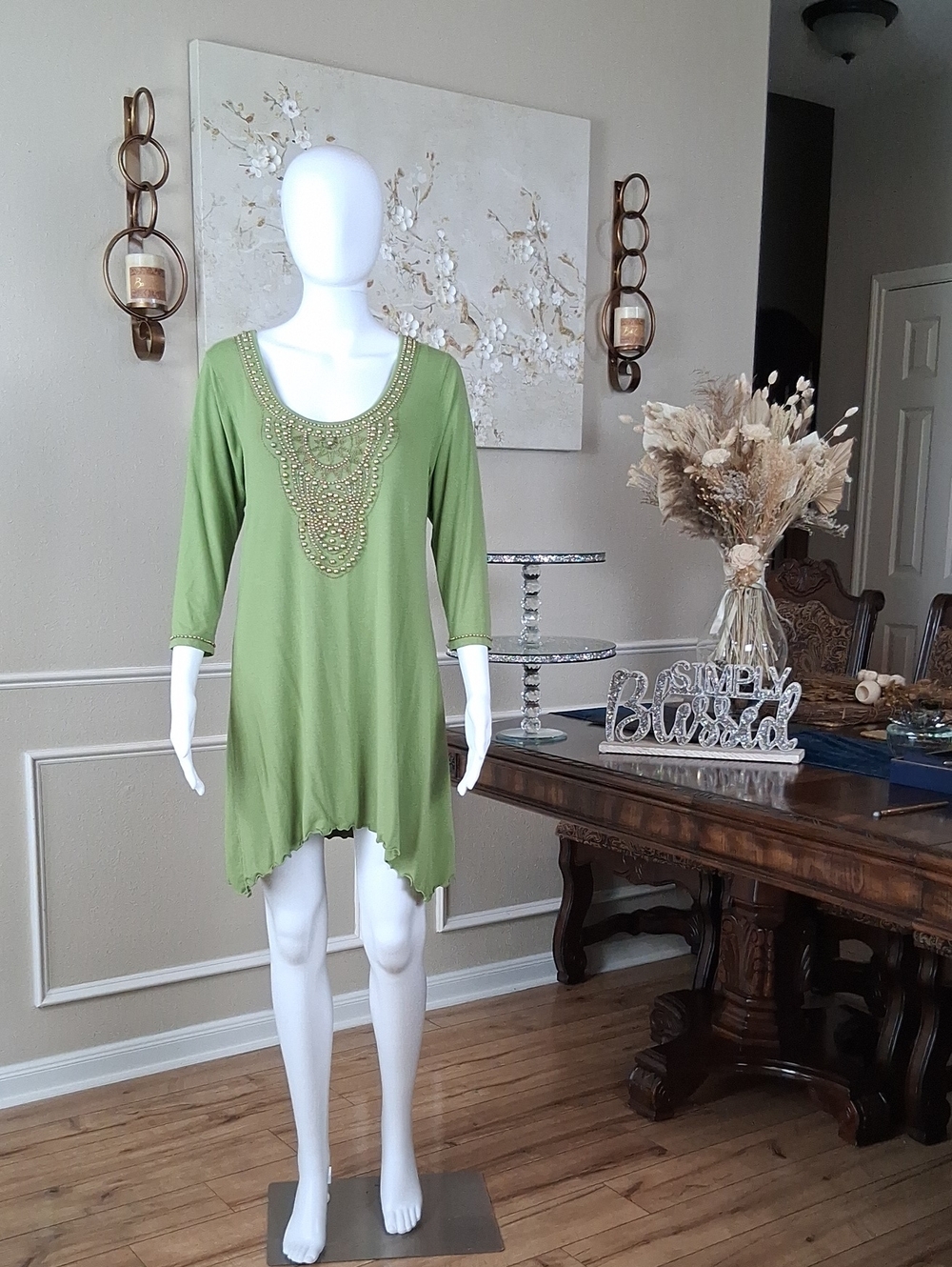 Women's Embellished Beaded Scoop Neck Tunic Summer Dress Olive Green Gold Medium - Picture 3 of 16